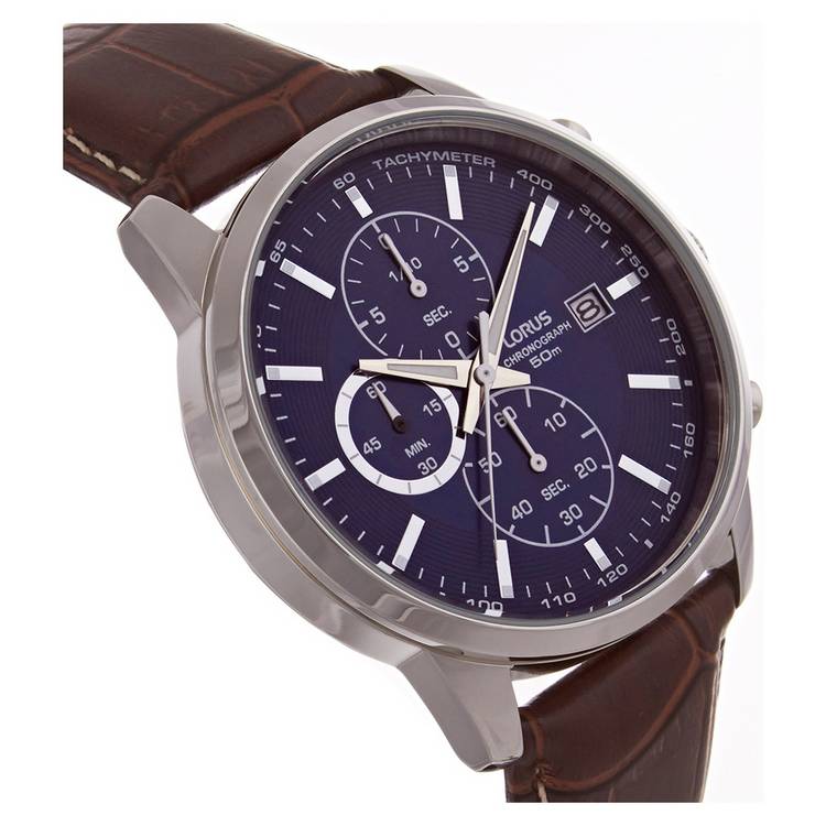 Lorus men's chronograph watch blue dial brown leather strap - British product