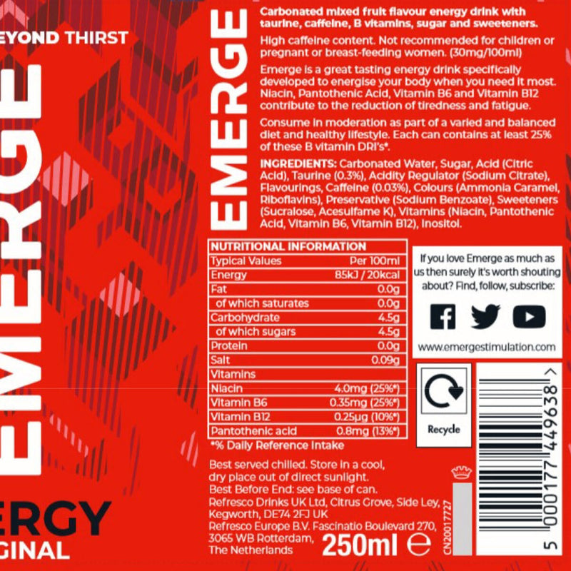 Emerge Mixed Fruit Flavour Energy Drink 24 x 250ml - British product