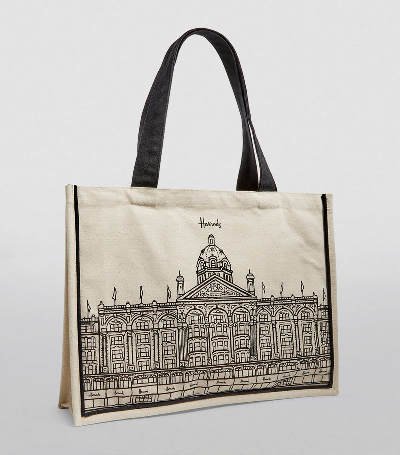 Harrods canvas tote bag with storefront outline - British product