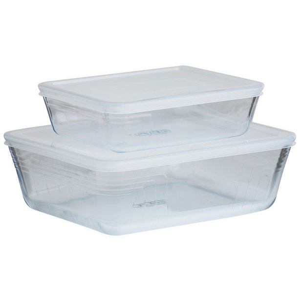 Pyrex set of 2 glass roasters with plastic lids, UK version