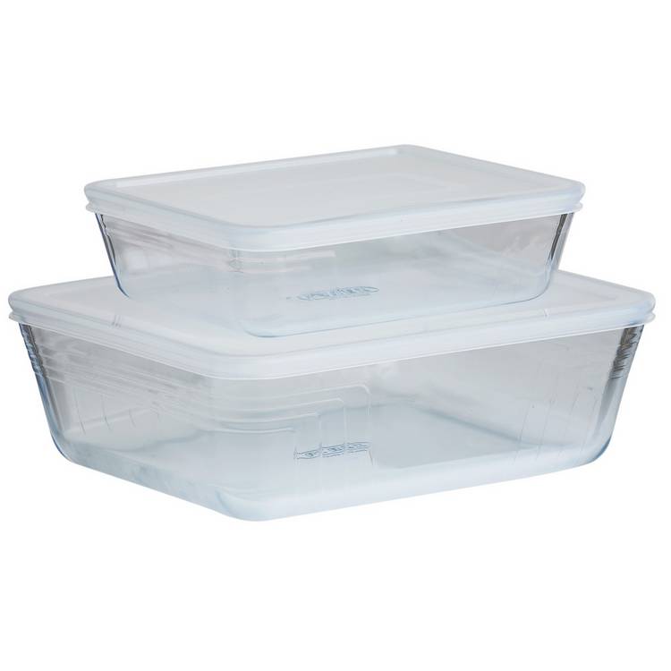 Pyrex set of 2 glass roasters with plastic lids, UK version