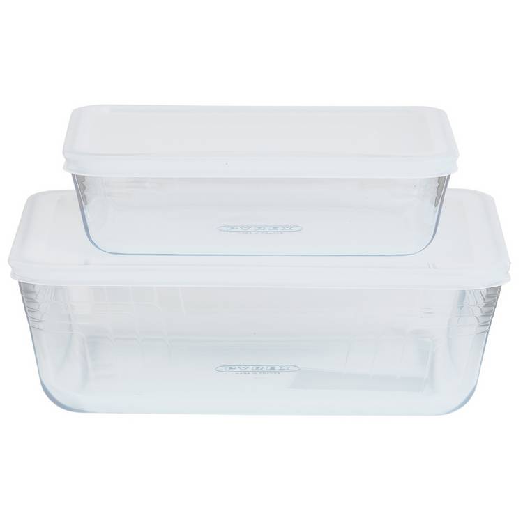 Pyrex set of 2 glass roasters with plastic lids, UK version