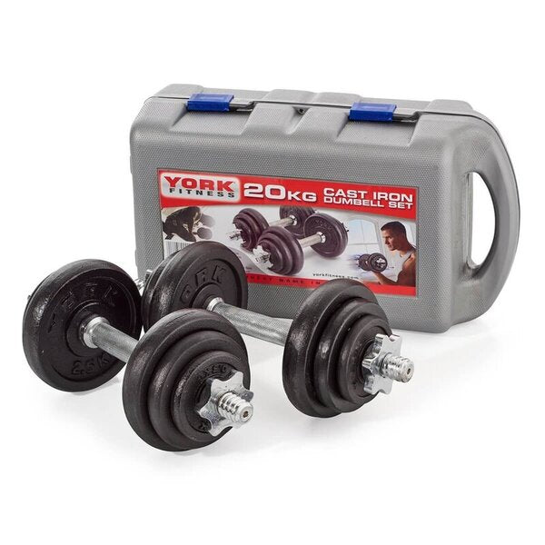 York Fitness 20kg cast iron dumbbell set with case (British brand)