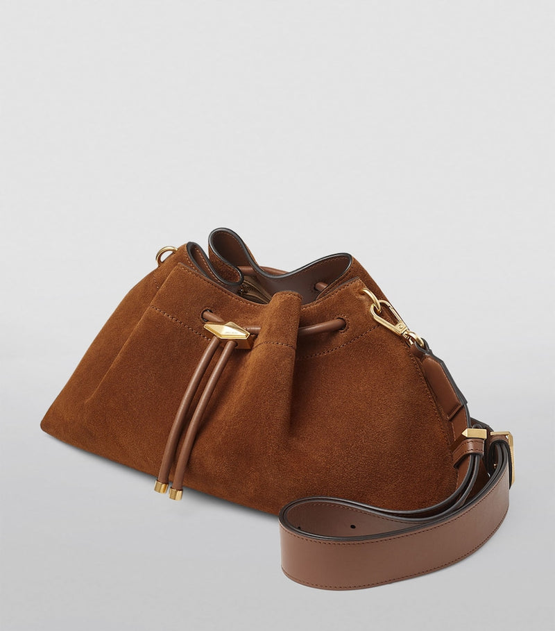 Jimmy Choo medium cinch suede shoulder bag, imported from the UK