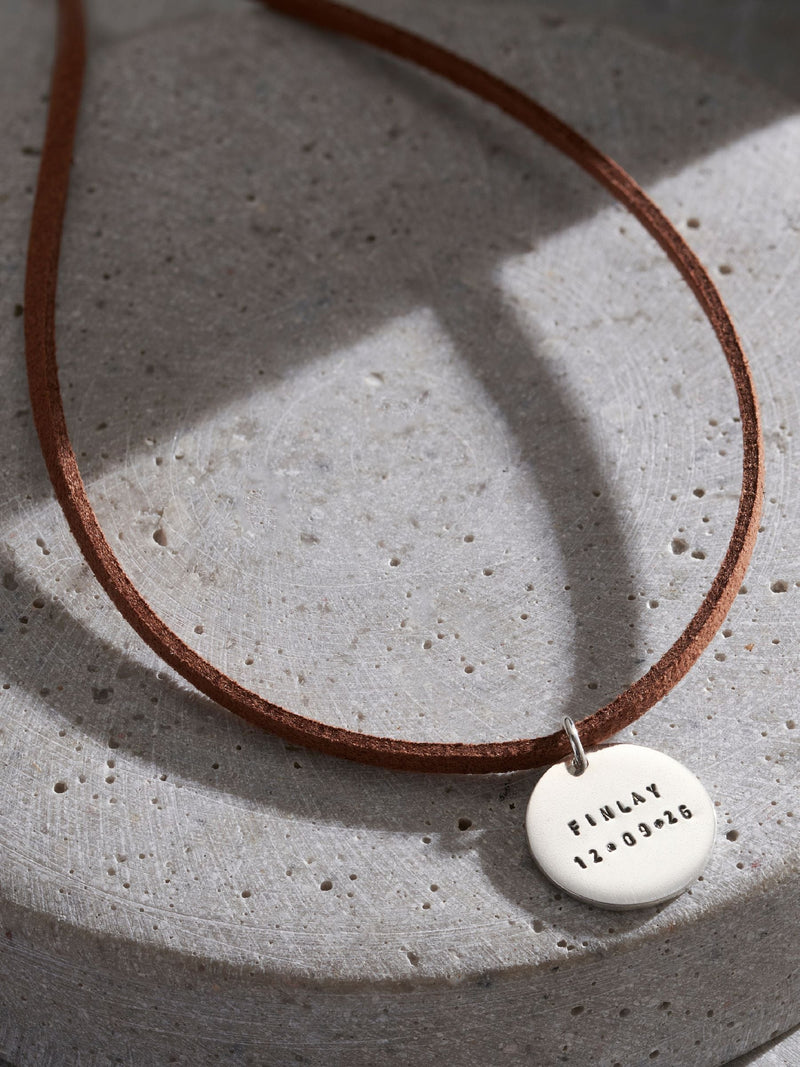 Posh Totty Designs personalised silver disc necklace with leather cord, UK version