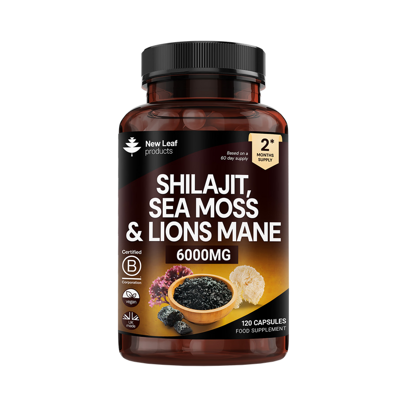 New Leaf Products Shilajit Sea Moss Lions Mane supplement capsules 120 ct, imported from the UK