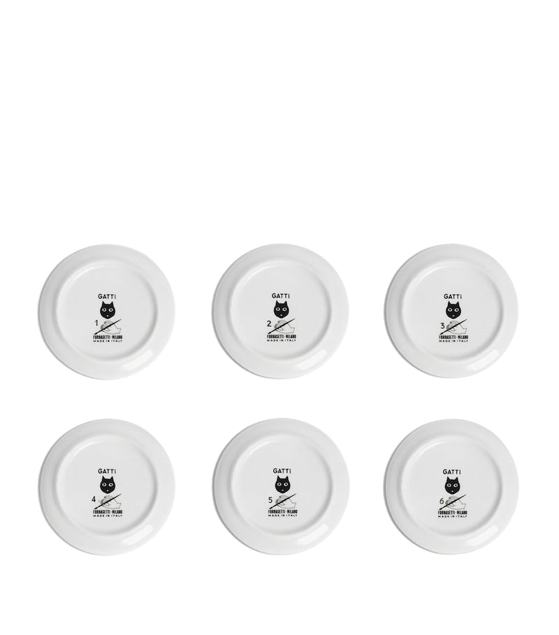 Fornasetti set of 6 porcelain trinket trays with feline figures, 10cm diameter - British product