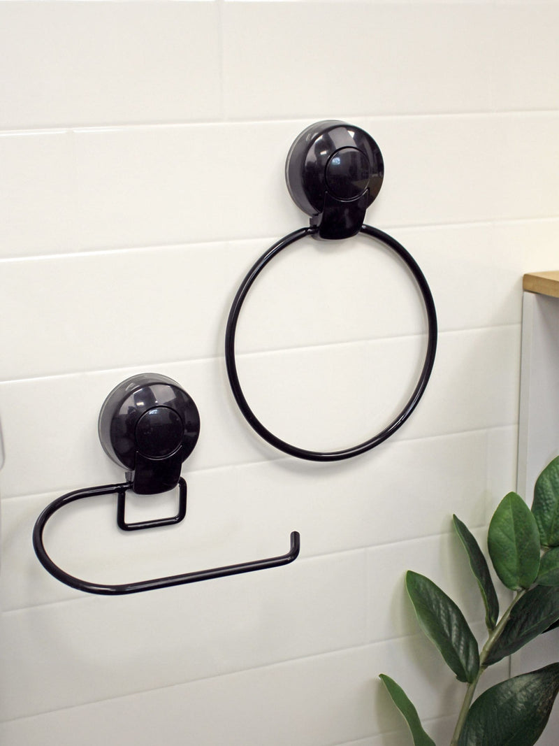 Showerdrape black toilet roll holder towel ring set, imported from the UK