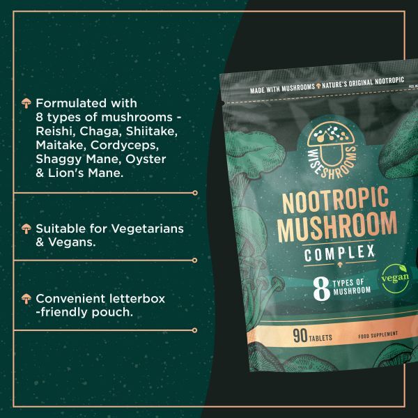 Wiseshrooms nootropic mushroom complex 90 vegan capsules, imported from the UK