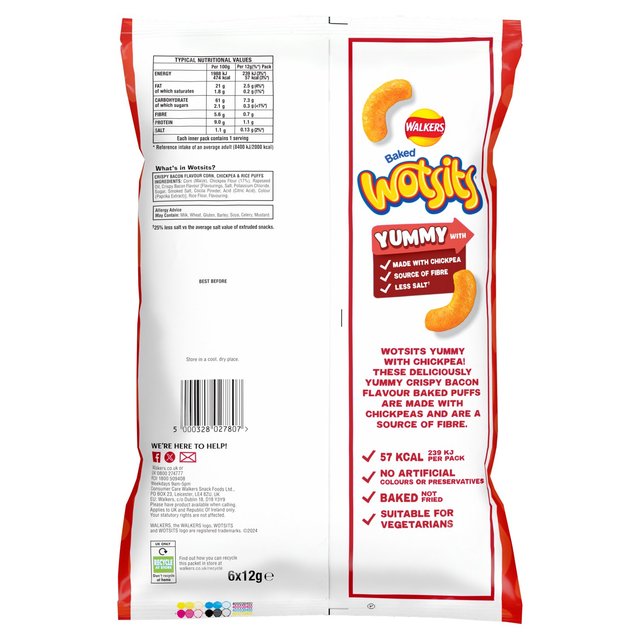 Walkers Wotsits Crispy Bacon Multipack Chickpea Crisps 6 x 12g GOODS M&S