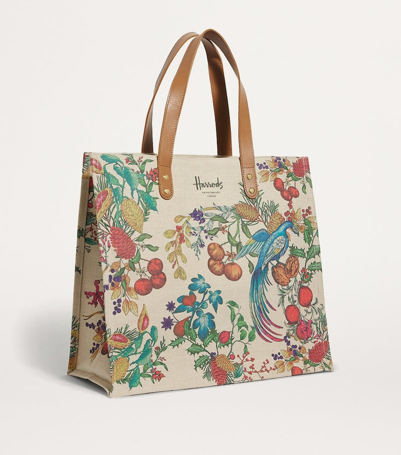 Harrods jacquard shopper bag with festive design, UK version