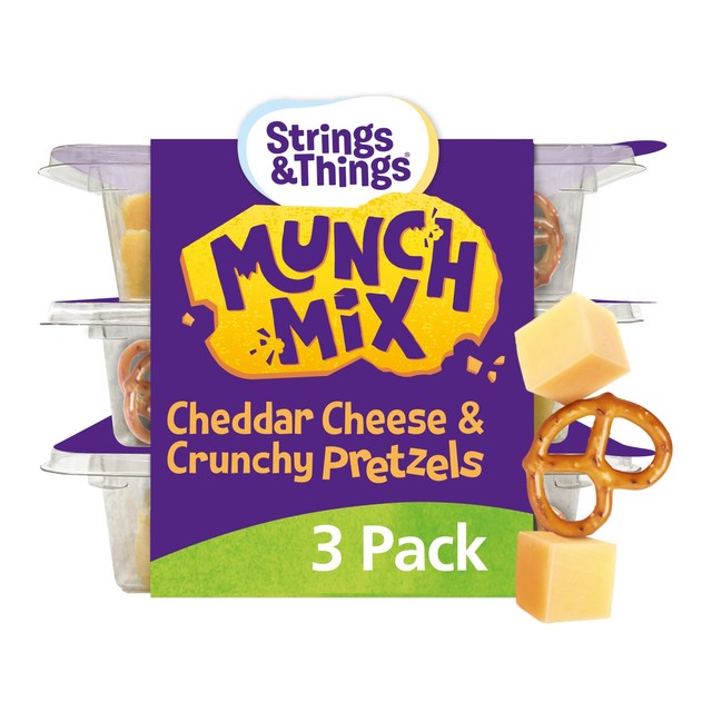 Strings & Things Mild Cheddar Cheese Cubes with Mini Pretzels snack mix, imported from the UK