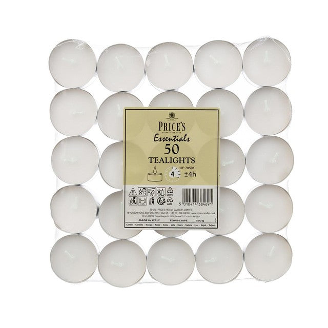 Price's Candles white unscented tea lights 50 pack, imported from the UK