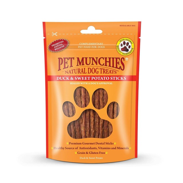 Pet Munchies duck sweet potato dental sticks 90g, imported from the UK