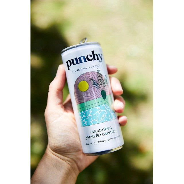 Punchy cucumber yuzu rosemary sparkling drink can (British brand)