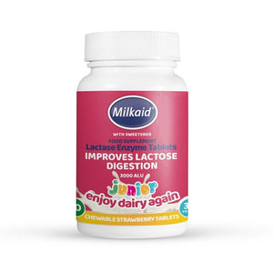 Milkaid Junior Lactase Digestion Tablets Strawberry Flavour Lactose Digestion Supplement 60 Tablets