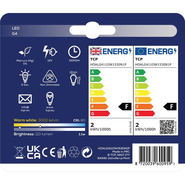 TCP LED G4 15W light bulbs pack of 2 (British brand)