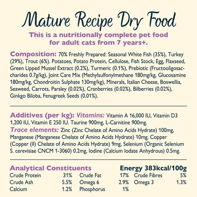 Lily's Kitchen white fish & turkey senior cat dry food 800g, UK version