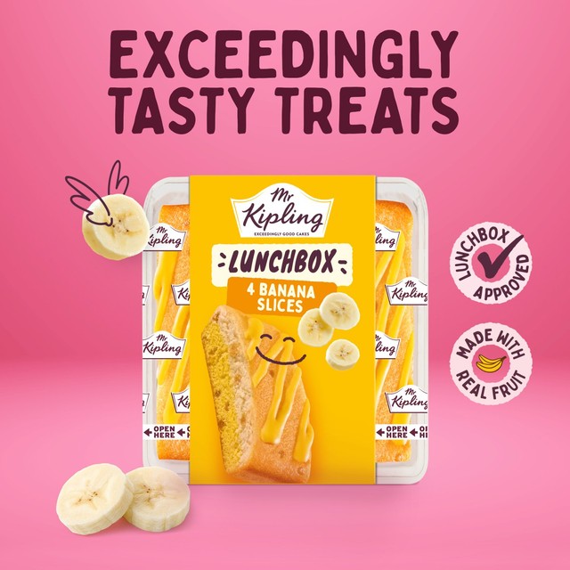 Mr Kipling banana cake slices 4 pack, imported from the UK