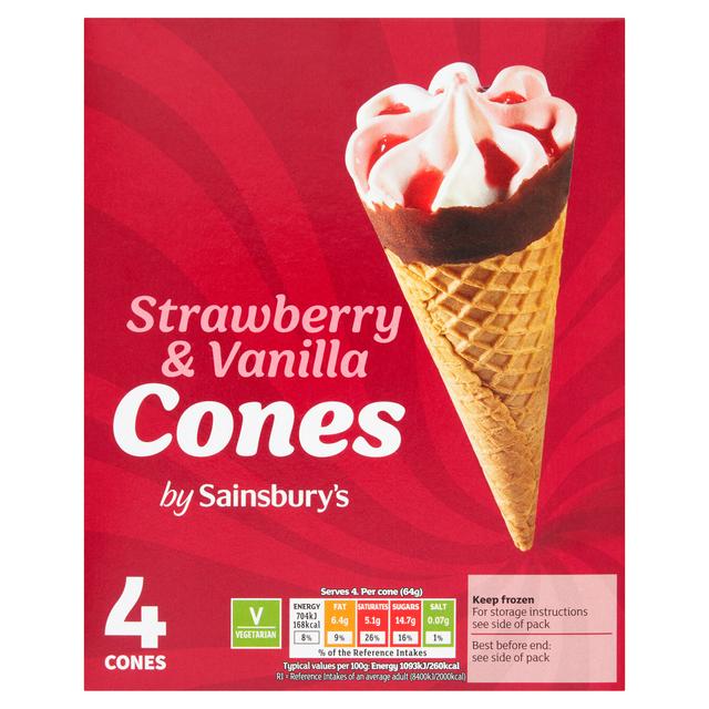 Sainsburys Strawberry Vanilla Cones 4x110ml