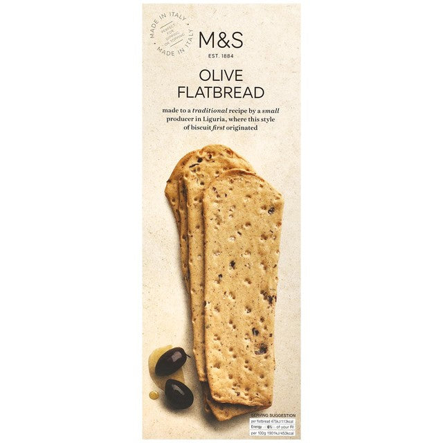 M&S black olive flatbread 150g, imported from the UK