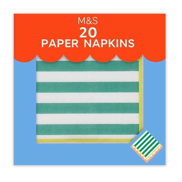 M&S Green and White Striped Paper Napkins 20 pack, imported from the UK