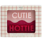 M&S Hottie & Cutie unscented pillar candles, imported from the UK