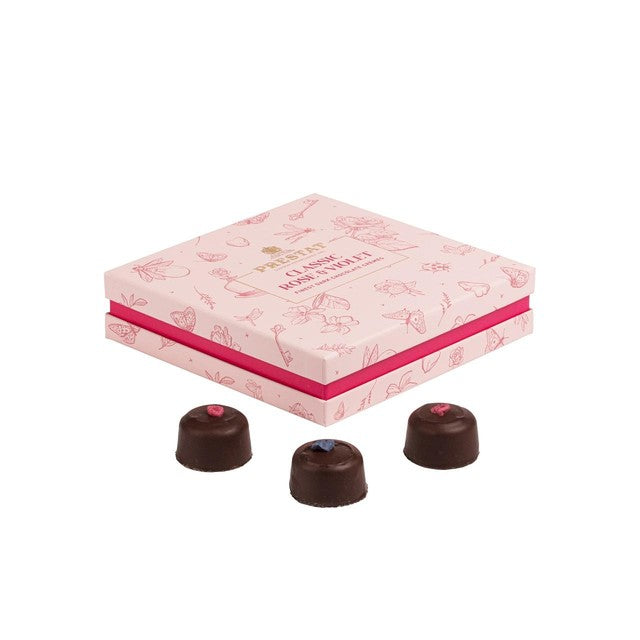 Prestat Rose & Violet chocolate cremes 135g, imported from the UK