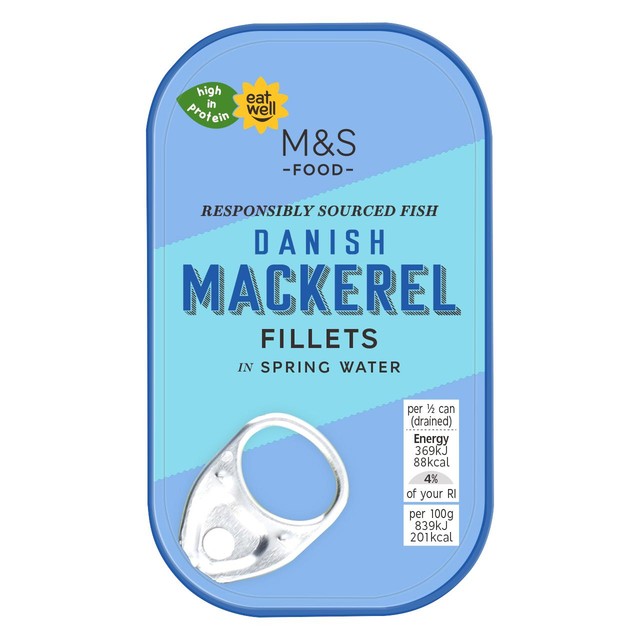 M&S mackerel fillets in spring water 125g, imported from the UK
