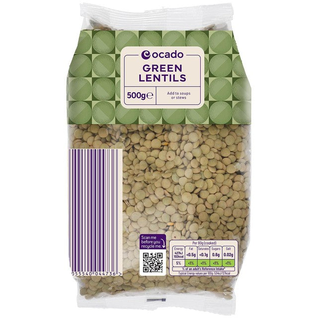 Ocado green lentils 500g, imported from the UK