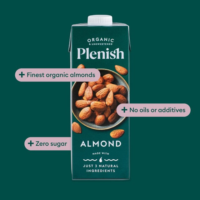 Plenish organic almond unsweetened drink 1L, imported from the UK
