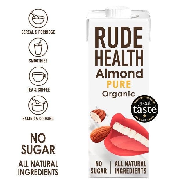 Rude Health organic unsweetened almond drink 1L, imported from the UK