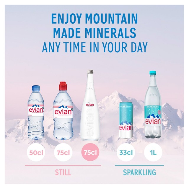 Evian still mineral water 750ml glass bottle - British product