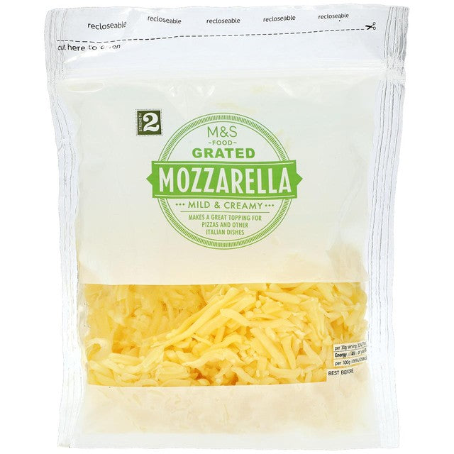 M&S grated mozzarella cheese 250g, imported from the UK
