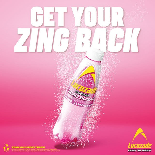 Lucozade energy drink Zero Sugar Pink Lemonade 4x380ml, imported from the UK
