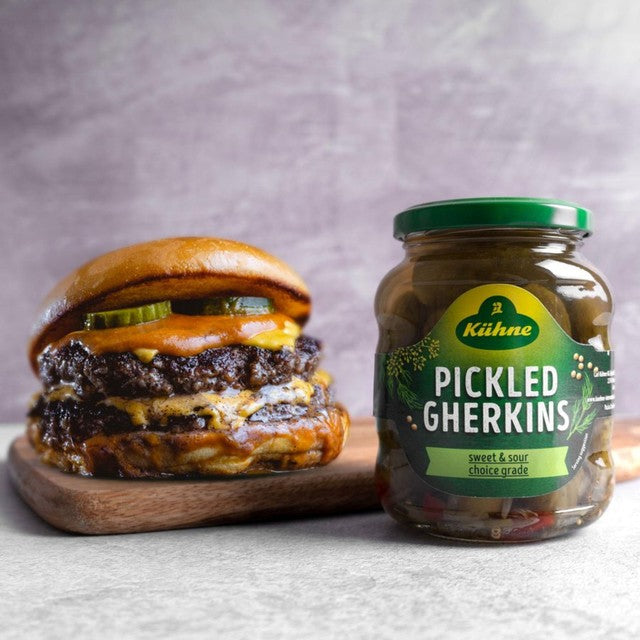Kuhne Gherkins Sweet & Sour Pickled 330g, UK version