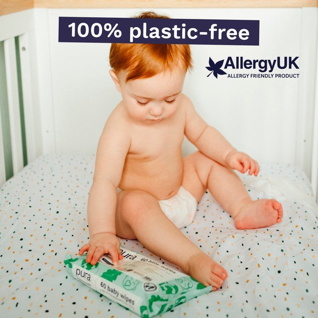 Pura Plastic Free Baby Wipes 3 x60pk, imported from the UK