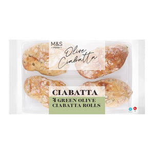 M&S Delvis stekte ciabatta-rundstykker med grønne oliven 4 x 75 g