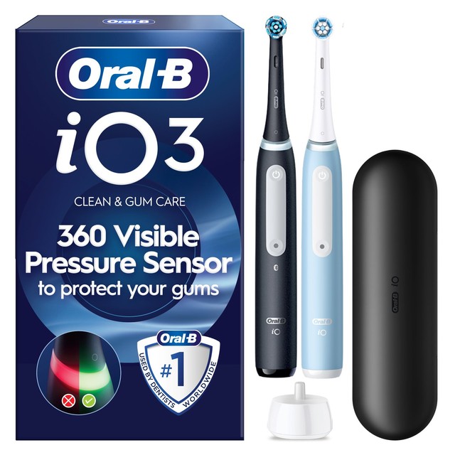 Oral-B iO3 Black & Blue electric toothbrush duo pack with travel case, imported from the UK