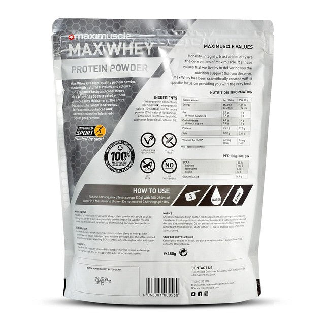 Maximuscle chocolate whey protein powder 420g, imported from the UK