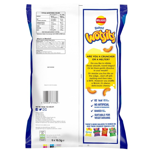 Walkers Wotsits Really Cheesy baked corn snacks multipack 6x16.5g (British brand)