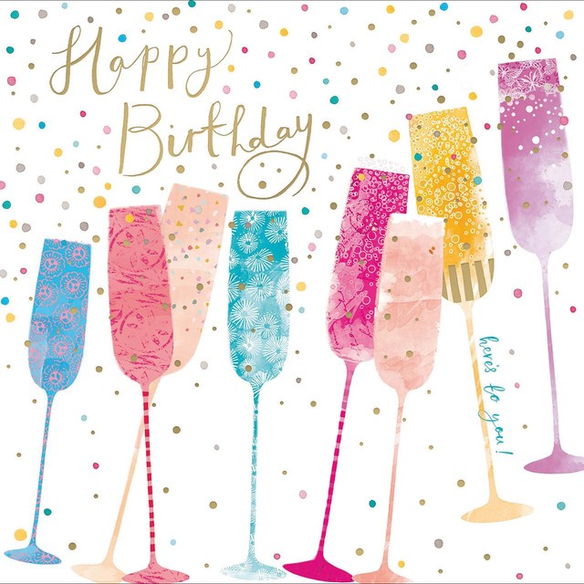 Woodmansterne rainbow champagne birthday card 17.3x16.7cm, imported from the UK