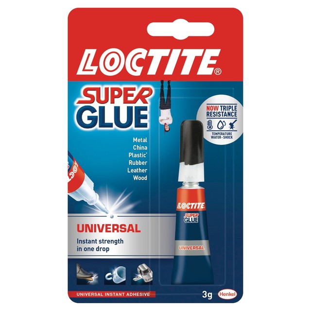 Loctite Superglue Universal liquid glue bottle, UK version.