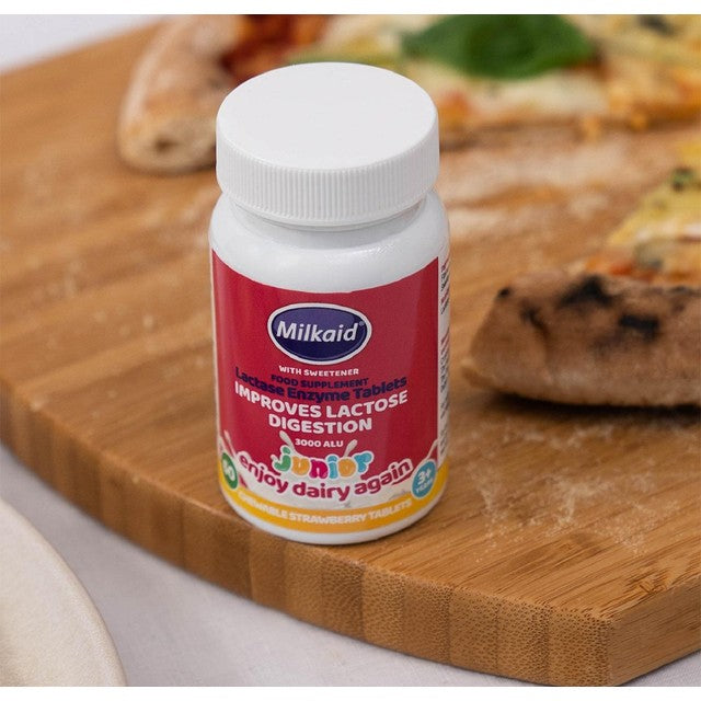 Milkaid Junior Lactase Digestion Tablets Strawberry Flavour 60 Tablets, imported from the UK