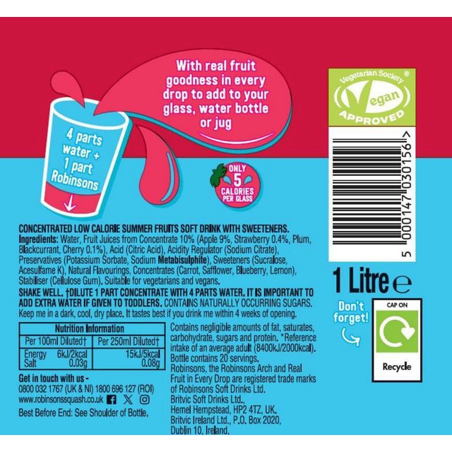 Robinsons Summer Fruits No Added Sugar Squash 1L, imported from the UK
