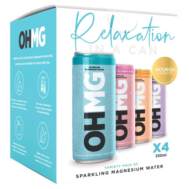 OHMG sparkling magnesium water variety pack 4 x 330ml, imported from the UK