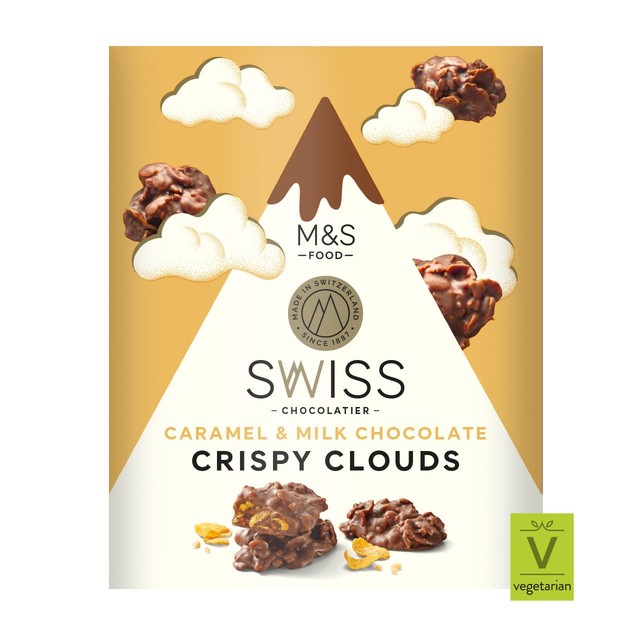 M&S Swiss caramel milk chocolate crispy clouds 140g, imported from the UK