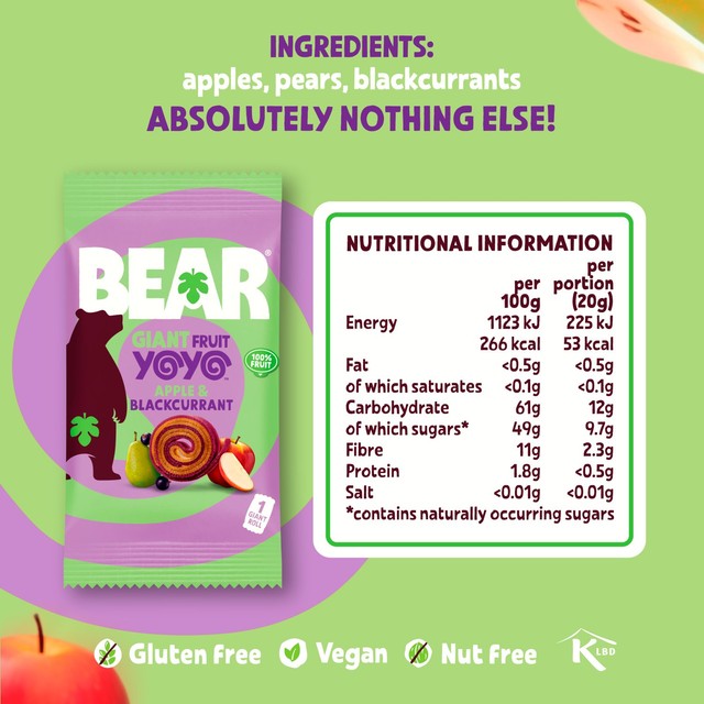 Bear Giant Fruit Yoyos apple and blackcurrant fruit rolls 5 x 20g - British product
