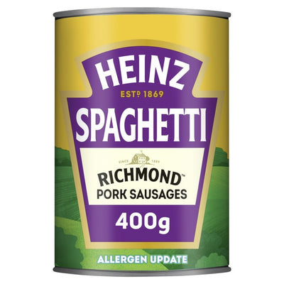 M&S Heinz Spaghetti with Richmond Sausages Tinned Pasta Meal 400g- Buy online at McGrocer