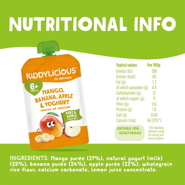 Kiddylicious baby pouch mango banana apple yoghurt multipack 6+ months, imported from the UK